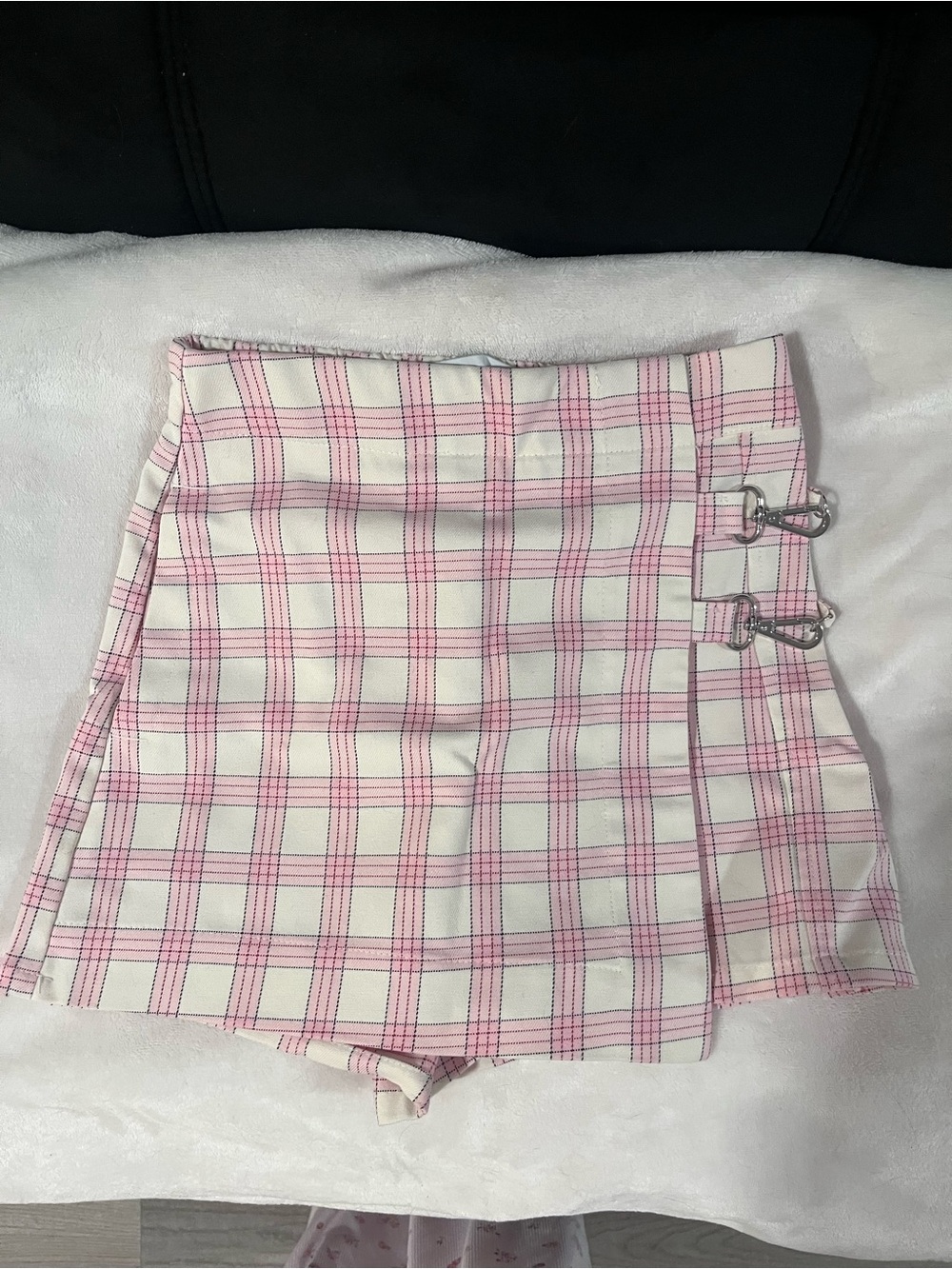Bershka Pink and White Plaid Skirt with Buckle Accent
